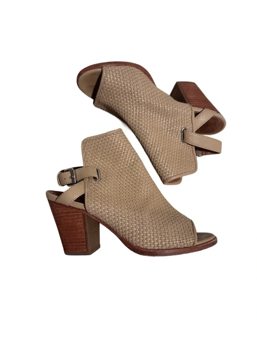 Frye Dani Woven Shield Leather Block Heel Peep Toe Sandals - Tan/Cream/Beige 8.5